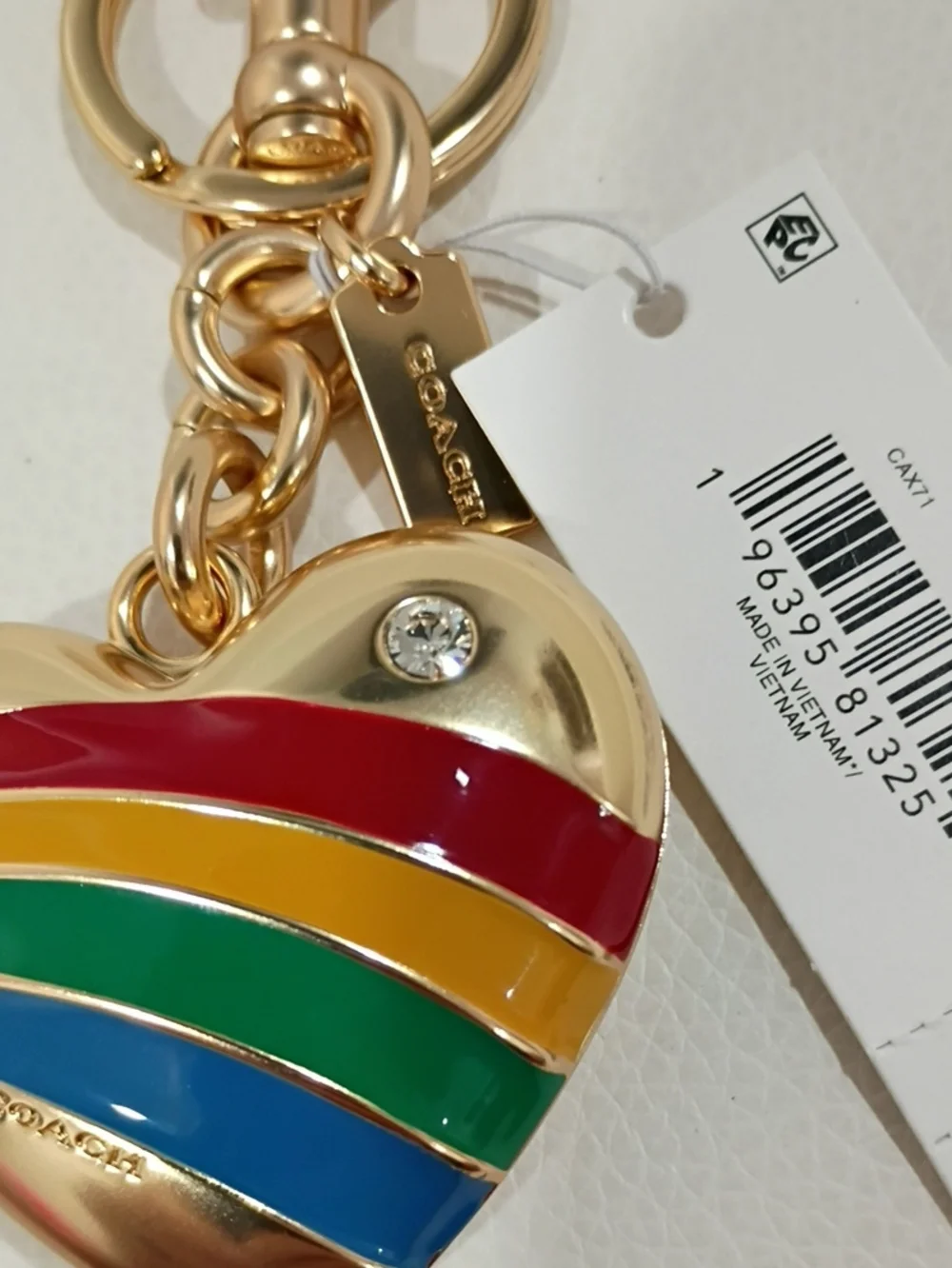 Coach Gold Heart Keychain/Bag Charm with Rainbow Enamel Stripes